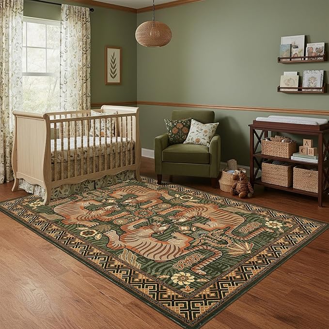 GarveeHome Tibetan Tiger 5x7 Area Rug Boho Green Washable Living Room | Non Slip Vintage Rugs for Bedroom, Tribal Soft Animal Print Throw Rug Ultra Thin Stain Resistant Floor Carpet for Office