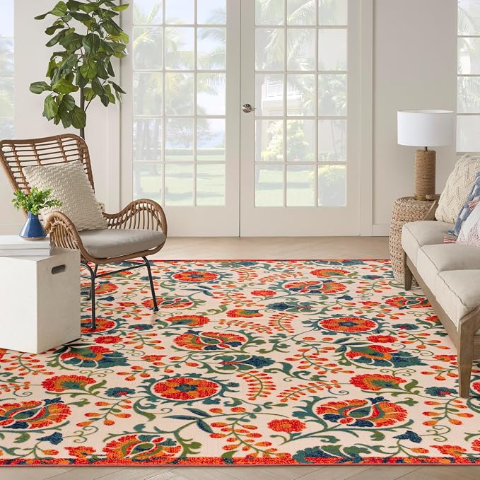 Nourison Home Aloha Red Multicolor 7'10" x 10'6" Area Rug - Easy Clean, Non Shedding, Bed Room, Living Room, Dining Room, Kitchen (8' x 11')
