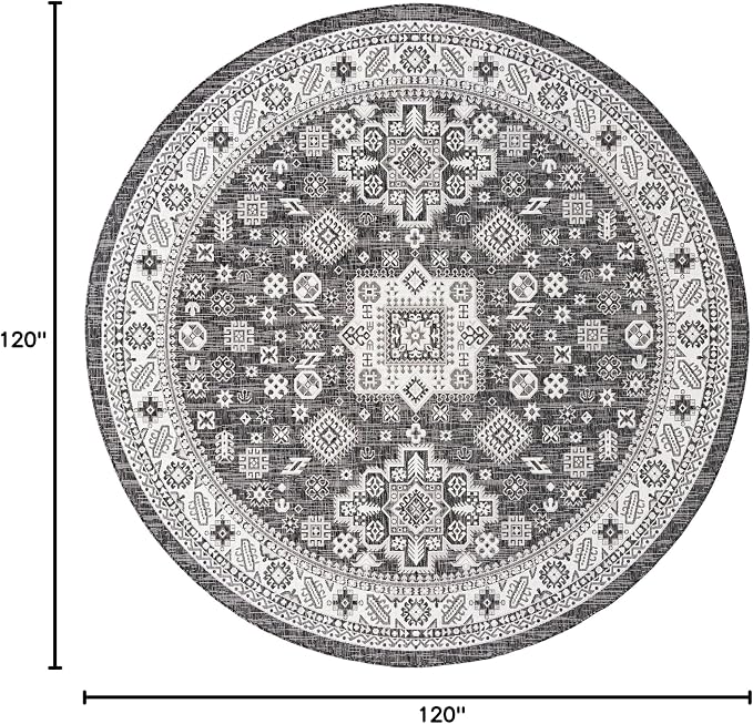 Unique Loom Outdoor Aztec Collection Area Rug - Chalca (10' Round, Charcoal Gray/ Ivory)