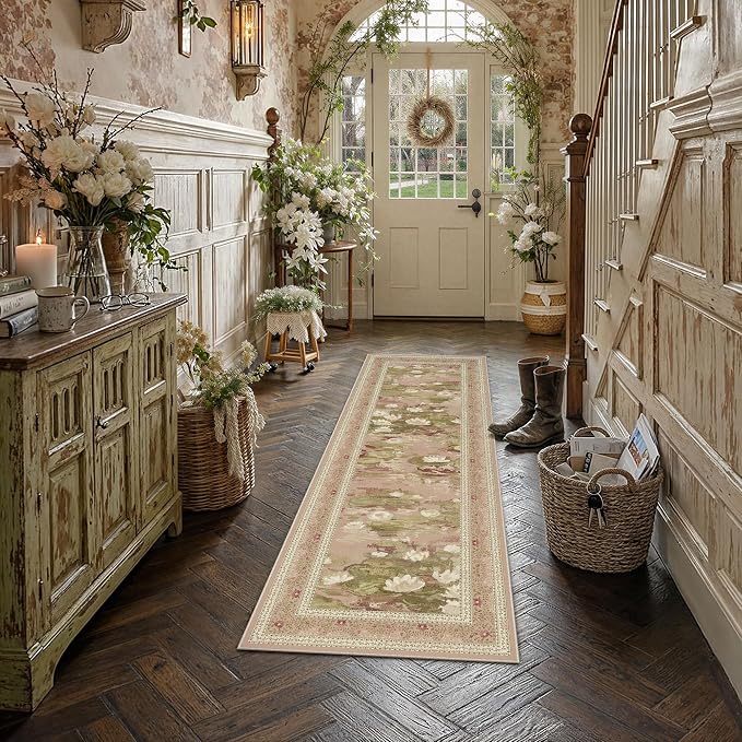 Pink Runner Rug 2x6 Kitchen Vintage Floral Non-Slip Carpet | Machine Washable, Soft, Low Pile, Distressed, for Hallway, Entryway, Laundry Room, Impressionist Farmhouse Decor