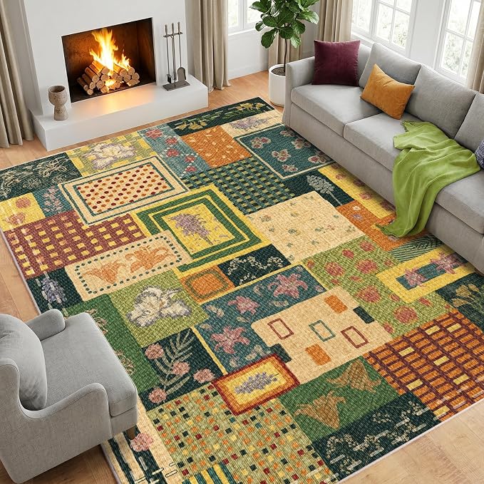 Floral 8x10 Area Rugs for Living Room, Colorful Green Boho Geometric Rug | Upgraded Non Slip Carpet| Indoor Rugs for Bedroom Dining Room Office Home Decor| Patchwork Abstract Rug| Cottagecore Rug