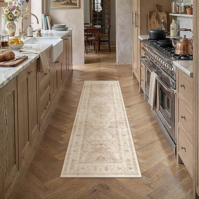 2x7 Beige Washable Runner Rug Non Slip Vintage Carpet | Low Pile, Stain Resistant, Living Room, Kitchen, Bedroom, Entryway, Laundry Room, Hallway, Soft, Thin, Lightweight