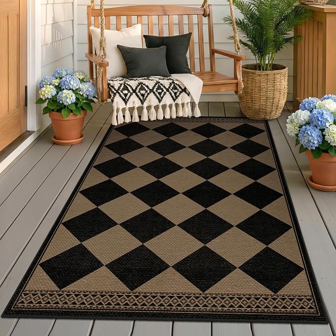 Easy Jute Indoor Outdoor Rug 3x5, Brown Black Checkered Patio Front Porch Rug Decor, Diamond Laundry Room Floor Mats, Boho Border Washable Non Slip Mat for Entryway, Kitchen, Backyard, Farmhouse Style