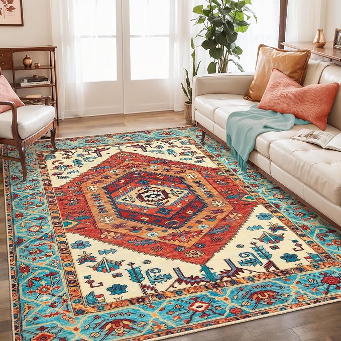 SERISSA 5x7 Washable Non Slip Boho Area Rug for Living Room，Orange | Ultra Soft Vintage Oriental Carpet Low-Pile Distressed Tribal Throw Carpet for Bedroom Dining Room Dorm Office Home Decor