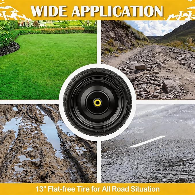 13" G orilla Cart Tires Flat Free, 300LB Capacity, with 5/8" Axle Bore Hole, 2.2" Offset Hub, Solid Rubber Tire for GOR Garden Cart, Trolleys, Hand Trucks, Yard Trailers, 2 Pack