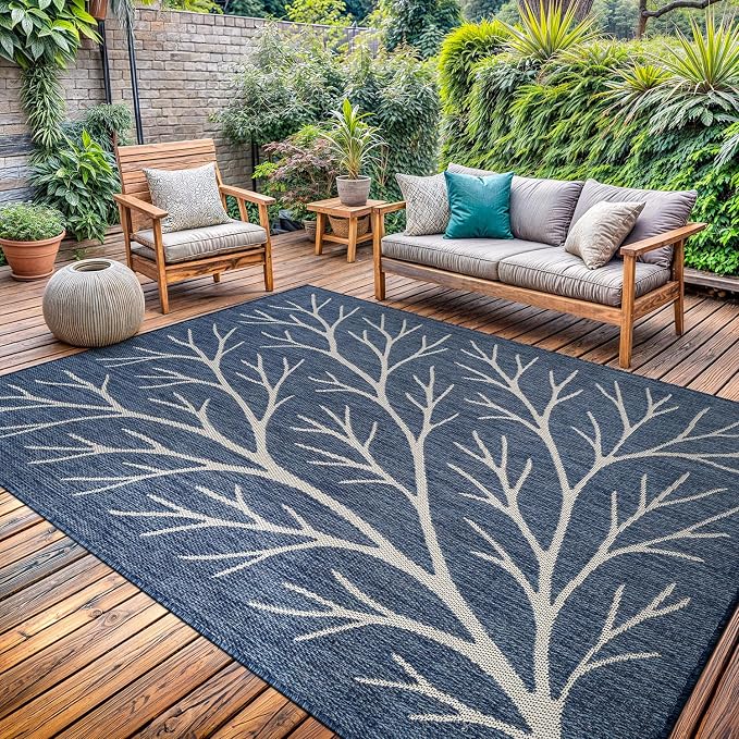 Washable Indoor Outdoor Rug 9x12 Modern Area Rugs Branch Pattern Non Shedding Waterproof Easy Clean Patio Deck Porch Living Room Bedroom Garden RV (9 X 12 Blue)