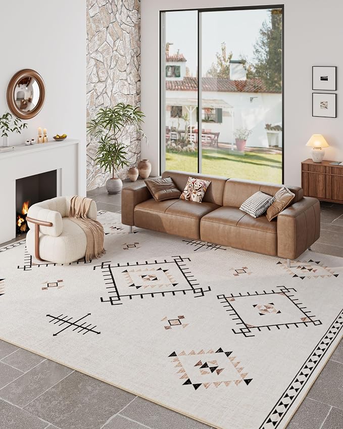 ILANGO Area Rug 9'x12' for Living Room Bedroom Washable Moroccan Boho Rugs for High Traffic Area Non Slip & Non-Shedding Rugs Fade Resistant Carpet for Kitchen Office (Beige)