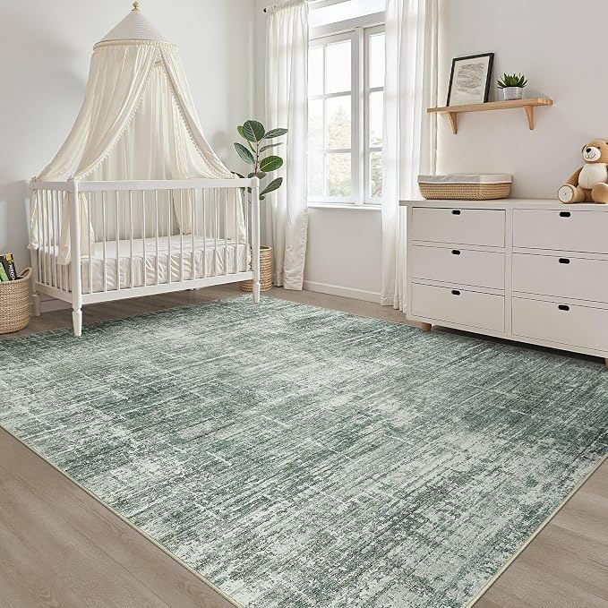LOONGRUG 5x7 Area Rug Washable Neutral Modern Living Room Rug Dark Green | Abstract Soft Stain Resistant Indoor Floor Non-Slip Carpet for Bedroom Nursery Kids Office Playroom