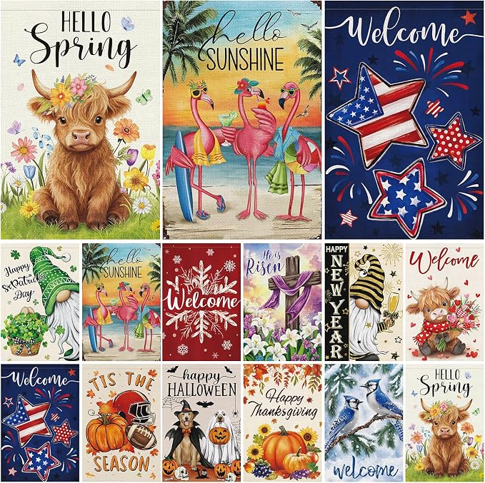 Heyfibro 12pcs Seasonal Garden Flags Set 12x18 Inch Double Sided Burlap, Highland Cow Gnome Outdoor Flag for Spring Summer Fall Winter Halloween Thanksgiving Christmas St. Patrick's Day Easter Decor