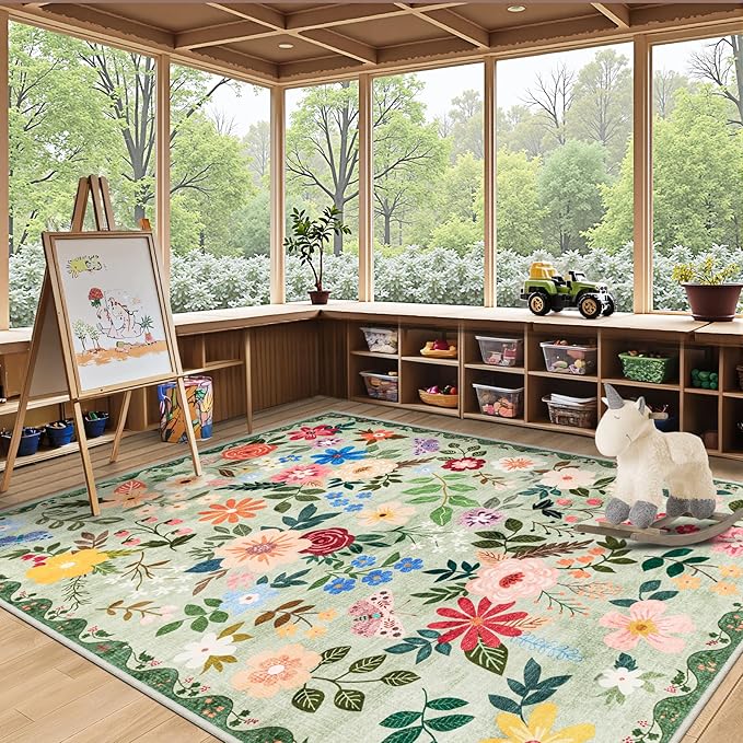 PLHXFR 6x9 Area Rug Living Room: Floral Washable Boho Soft Carpet Green | For Bedroom Dining Room Farmhouse Nursery Hallway,Vintage Floral,Machine washable,Non Slip,Stain Resistant,Large Indoor
