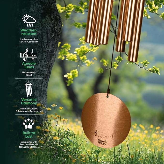 Nature’s Melody Aureole Tunes Wind Chimes – Outdoor Windchime with 6 Tubes, 100% Rustproof Aluminum, Powder Finish & S Hook Hanger for Sympathy, Memorial Gift or Zen Garden (Bronze, 36")