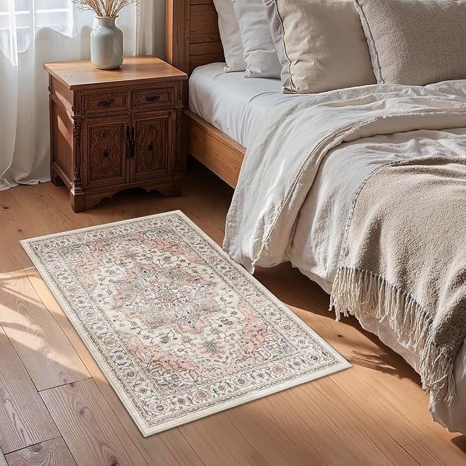 Area Rug 2x3 Entryway Rug Soft Washable Low Pile Vintage Doormat | Non Slip Low Pile Lightweight Carpets Indoor Faux Wool Small Rug Vintage Beige Pink for Entrance Kitchen Bedroom Living Room