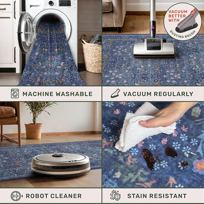 Dark Blue Washable 2x4 Entry Rug - Front Door Rugs Indoor, Vintage Floral Style Small Rug for Kitchen, Bathroom, Non-Slip Boho Navy Entryway Décor
