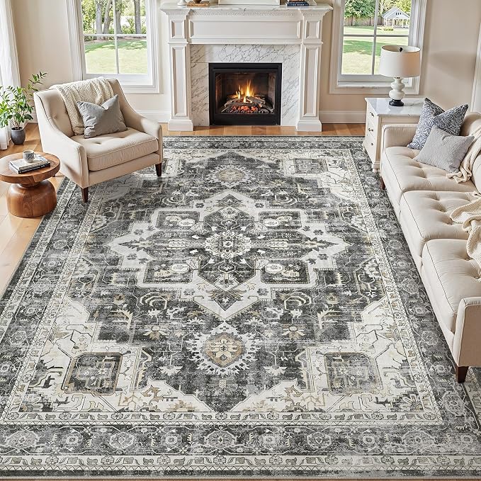 Vintage Washable 8x10 Area Rug for Living Room, Black | Soft Low Pile Rug with Non-Slip Backing, Stain Resistant for Bedroom or Dining Room, Kid & Pet Friendly