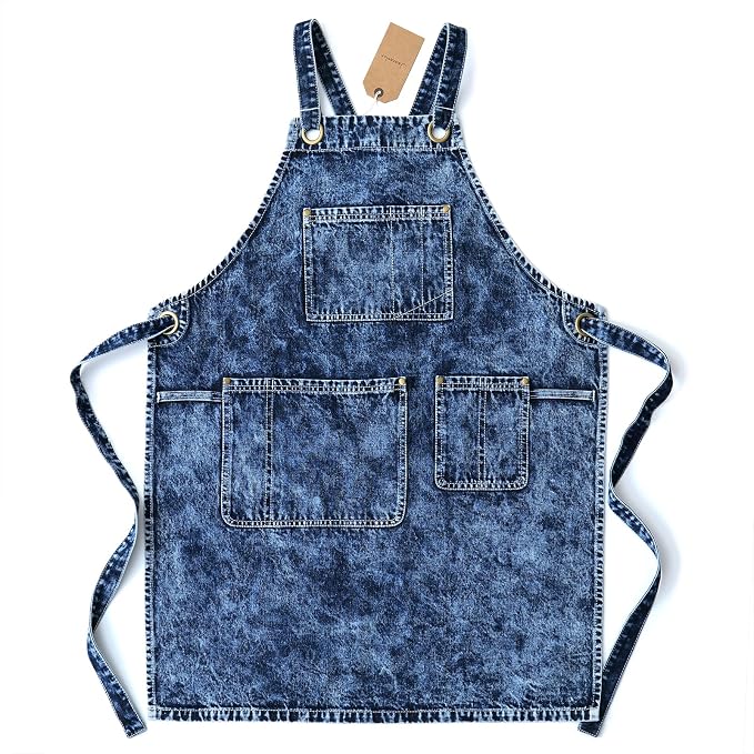 Jeanerlor - Denim Apron With Pockets for Women Women Hair Stylist(Blue-Black) - Special Washing Style Adjustable S to L
