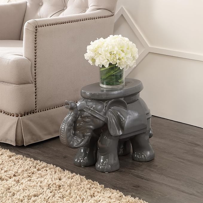 JONATHAN Y White Elephant 14.25" Glazed Ceramic Elephant Garden Stool, Weather-Resistant Indoor/Outdoor Patio Side Table and Plant Stand, Bohemian, Gray TBL1007E