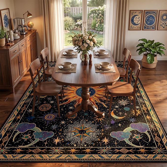 Vacuum-Friendly, 5x7 Washable Area Rug, Black Purple Gold | Sun and Moon Boho Gothic Non-Slip Low Pile Living Roon Bedroom Dining Room Kitchen Entry Entryway Entrance Hallway Doormat