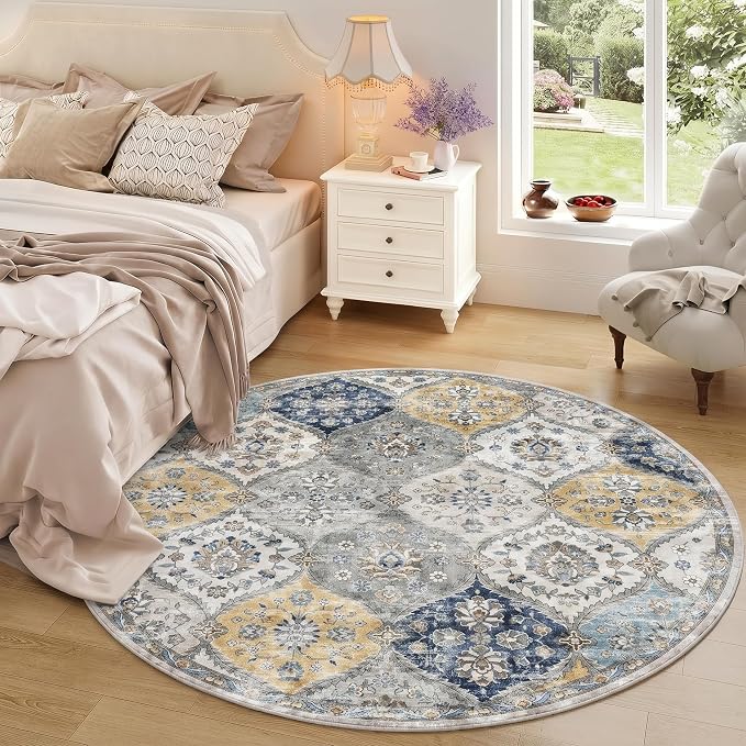 ROYHOME Washable Round Rug 5ft Moroccan Washable Area Rug, Blue/Yellow | Stain Resistant Non-Slip Circle Rug Vintage Distressed Round Throw Carpet for Living Room Bedroom Kids Room Playroom