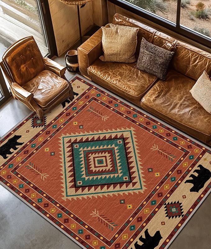 Cabin Rug 5x8 - Bear Southwestern Aztec Area Rugs for Living Room Bedroom, Rustic Lodge Machine Washable | Non-Slip | Soft Large Carpets, Native American Room Decor (Orange Tan Black)