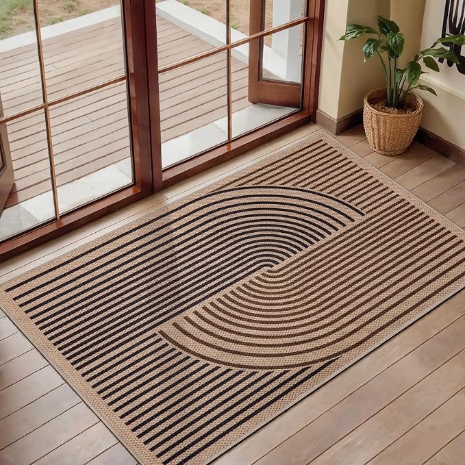Tangsoo Rainbow Easy Jute Rug 2x3 Washable Rug,Small Area Rug for Entryway | Non-Slip Thin Dark Brown Indoor Outdoor Door Mat Modern Farmhouse Carpet for Entrance Kitchen Bedroom Bathroom