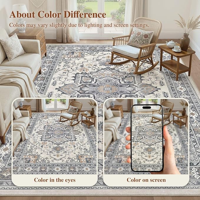 UERMEI 6x9 Area Rug Living Room Rugs - Washable Vintage Soft Large Rug Indoor Floor No Slip Rug Carpet for Bedroom Farmhouse Under Dining Table Home Office Decor - Grey-Orange