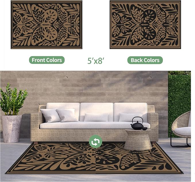 GENIMO Outdoor Rug 5' x 8' Waterproof for Patio Clearance, Reversible Plastic Straw Camping Mat, Lightweight Carpet for Rv, Camper, Deck, Porch, Picnic, Balcony, Beach, Jet Black & Brown
