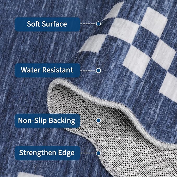 GarveeHome Hallway Runner Rug 2x6 Scalloped Washable Rug for Kitchen Entry | Non Slip Stain Resistant Modern Border Throw Floor Carpet Long Runner Mat for Bathroom Living Room Bedside, Blue
