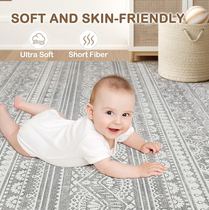 Tortania Area Rug Living Room Rugs - 8x10 Washable Large Soft Neutral Boho Moroccan Bohemian Farmhouse Rug Indoor Floor Carpet for Bedroom Under Dining Table Home Office Decor - Neutral Grey
