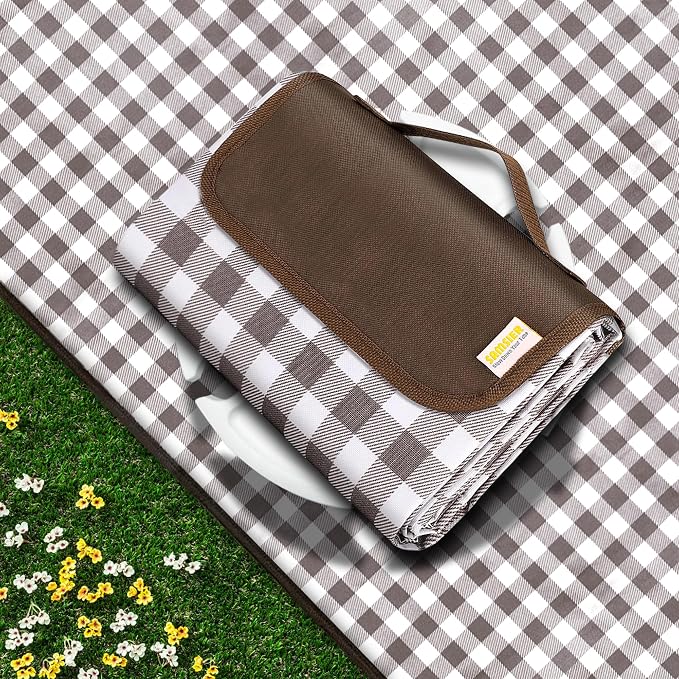 SAMSIER Outdoor Picnic Blankets Waterproof Foldable Sandproof, Extra Large Gingham Cute Picnic Mat Washable Portable for Park Beach Camping Courtyard (Brown, 80"×80")