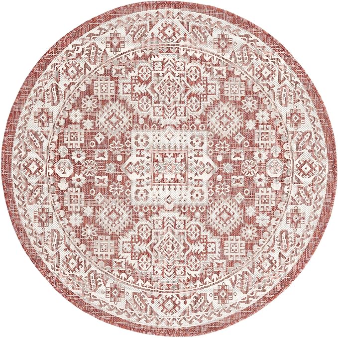 Unique Loom Outdoor Aztec Collection Area Rug - Chalca (4' 1" Round, Rust Red/ Ivory)