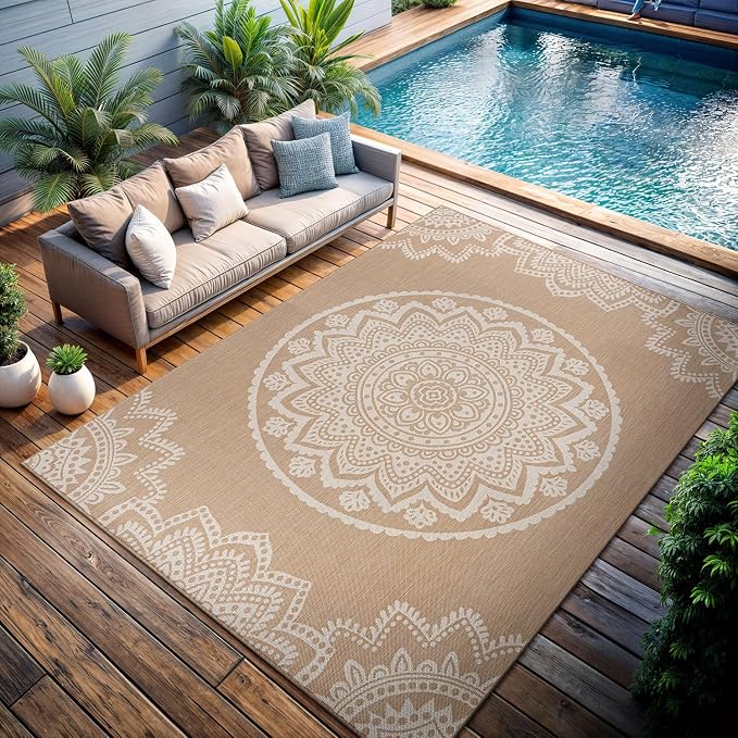 CAMILSON Outdoor Rug 10x14 Modern Area Rugs for Large Indoor and Outdoor Patios and Porches - Washable, Non-Shedding, Easy-to-Clean Outside Carpet (10 x 14, Medallion - Beige/White)