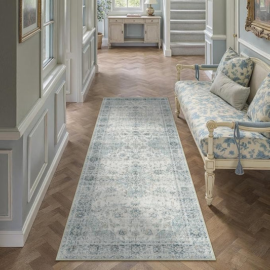 HUGEAR 2x6 Runner Rug Hallway Machine Washable Retro Light Blue Vintage Floral Low Pile Carpet Distressed Long Throw Rug Bedroom Office Bathroom Kitchen Laundry Non Slip Soft Lightweight
