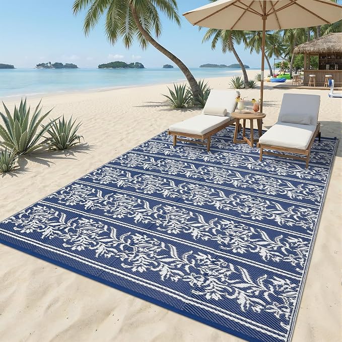 Garvee Outdoor Rugs 9x18 Waterproof Reversible Mat Boho Leaf Patio Rug with 4 Stakes and Starage Bag, Large Outdoor RV Mat Rugs for Camping, Picnic, Balcony, Deck, Backyard, Navy Blue & White