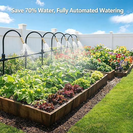 Bluepro Drip Irrigation System 100FT 1/4", 2026-Upgrade Garden Sprinkler Kit with 16PCS 360° Adjustable Copper Nozzles, Automatic Misting Watering System for Raised Beds, Greenhouse, Lawn, Patio, Yard