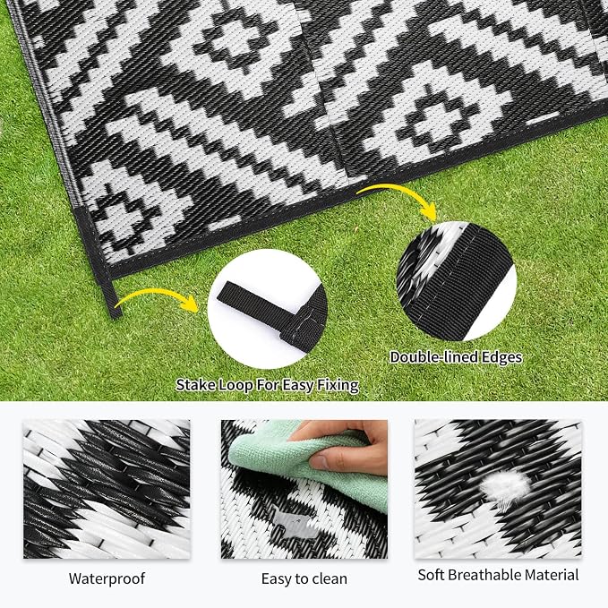 Outdoor Patio Plastic Straw Rug - 6x9 ft Outdoor Camping Rug Waterproof Reversible, Area Carpet Patios RV, Outside Porch Balcony Deck for Camper, Moden Black White