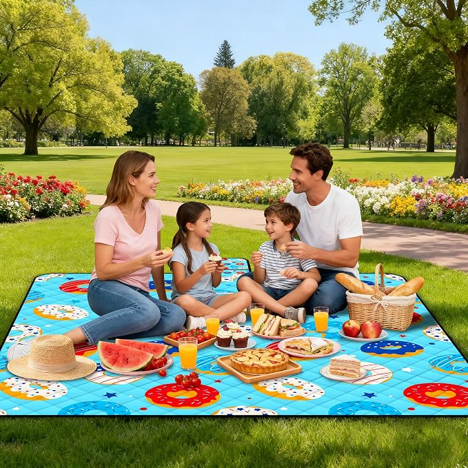 Poedist Extra Large Picnic Blanket Waterproof,80"x 80"Foldable Machine Washable Beach Blanket,Outdoor Blanket for 6-8 Adults, for Indoor Crawling,Park Beach,Camping,Hiking,Family Travel(Doughnut)