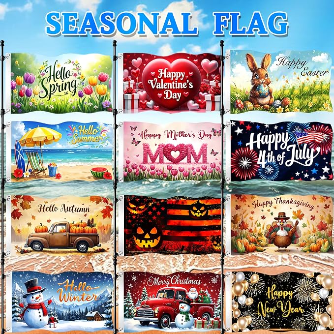 Large Seasonal Garden Flags Set of 12-3x5 Ft Outdoor Double Sided Yard Flags with 2 Grommets for All Seasons Holiday Garden Decor Double Stitching Fall Winter Halloween Christmas Outside Decor