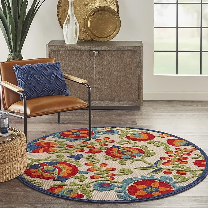 Nourison Home Aloha Multicolor 4' x Round Area Rug - Easy Clean, Non Shedding, Bed Room, Living Room, Dining Room, Kitchen (4' x Round)