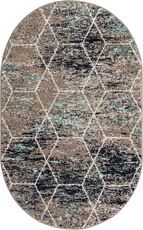 Unique Loom Trellis Frieze Collection Area Rug - Geometric (3' x 5' Oval, Blue Multi/ Ivory)
