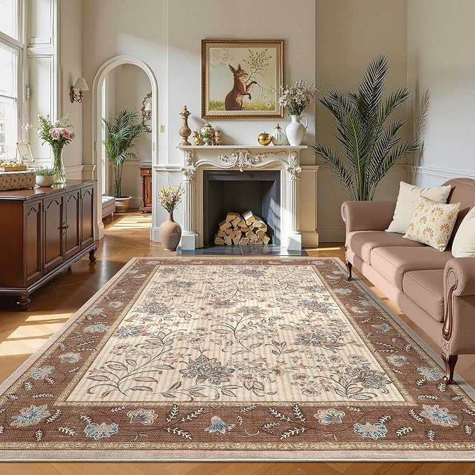 GarveeHome 9x12 Brown Washable Large Area Rug Living Room Rug Non Slip | Soft Country Mat Carpet Indoor Botanical Floral Rug for Bedroom Dining Room Playroom Nursery Room Home Office