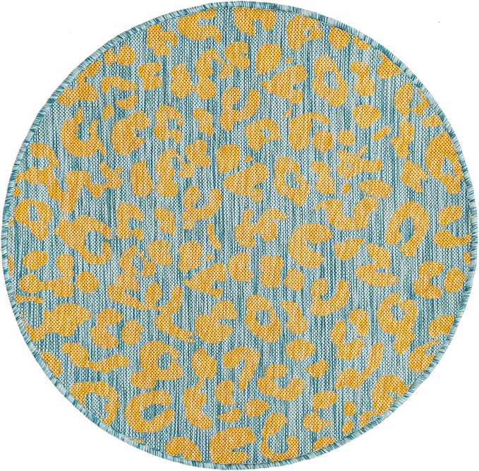 Unique Loom Outdoor Safari Collection Area Rug - Leopard (3' Round, Blue Yellow/ Blue)