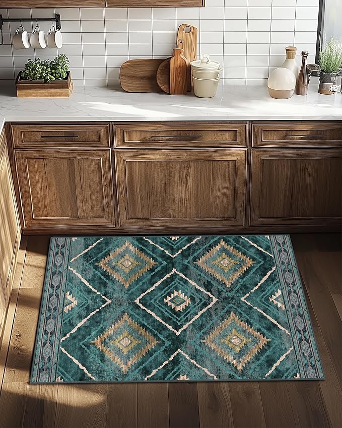 2'x3' Washable Samll Rug for Living Room Teal/Green | Soft Western No Slip Low Pile Print Foldable Indoor Small Rug for Kitchen entrance entryway doormat