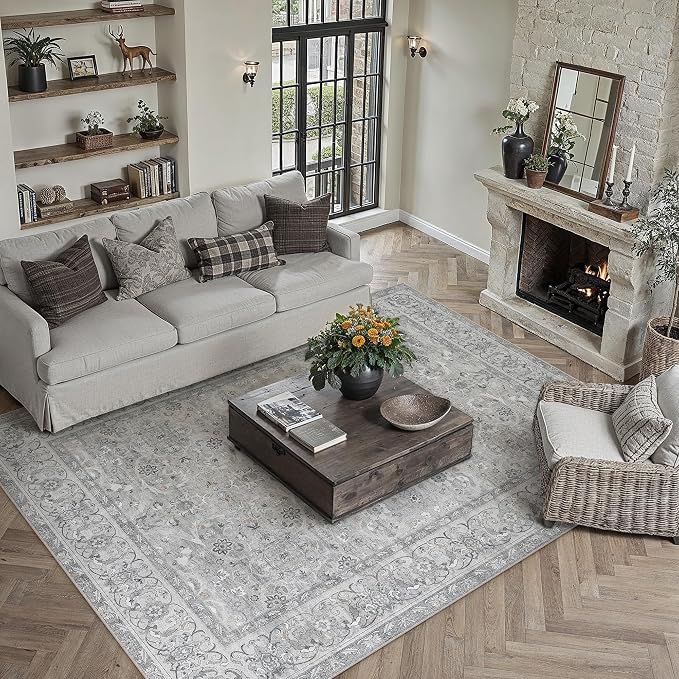 Gray 8x10 Washable Area Rug Vintage Distressed Carpet | Soft Low Pile, Non Slip, Stain Resistant, Large for Living Room, Bedroom, Dining Room, Kids Room, Retro Accent Decor