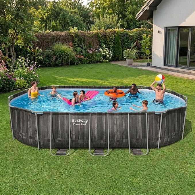 Bestway Power Steel 20’ x 12’ x 48” Above Ground Pool, Oval Metal Frame Outdoor Swimming Pool Set with Filter Pump, Ladder, and Cover | Durable Oval Metal Frame Outdoor Backyard Pool - Ladder, Cover, and Type III Filter Cartridge Included, Wood Print