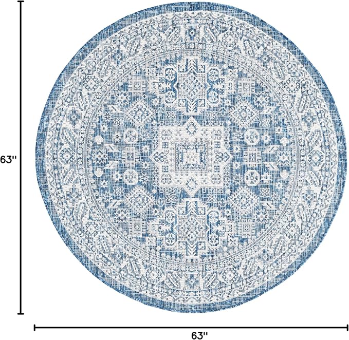 Unique Loom Outdoor Aztec Collection Area Rug - Chalca (5' 3" Round, Blue/ Ivory)