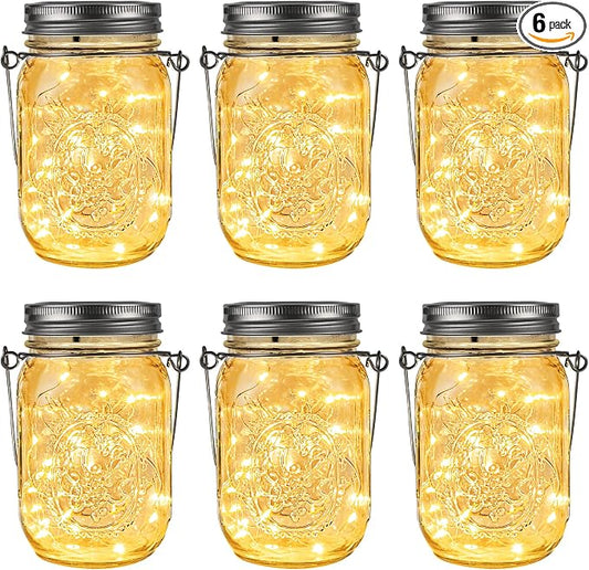 GIGALUMI Hanging Mason Jar Solar Lights, 6 Pack 30 Led Tinplate Lids Hanging Solar Lanterns Outdoor Waterproof, Hangers and Jars Included, Outdoor Decor for Balcony, Garden, Patio, Yard, Wedding