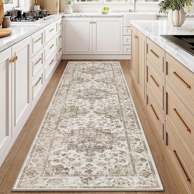 2x8 Brown Neutral Runner Rug | Washable, Non Slip, Soft Low Pile, Vintage Farmhouse, for Hallway Kitchen Laundry Bathroom Bedroom Living Room Home Decor