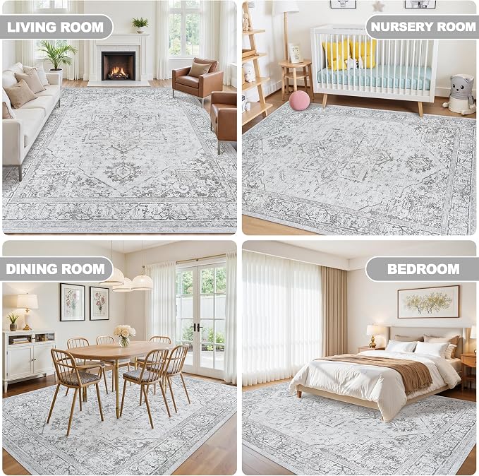 5x7 Washable Area Rugs for Bedroom Grey Non-Slip Rug | Vintage Medallion Rug，Soft Low Pile Large Rugs，Indoor Retro Carpet for Bedroom Nursery Dining Table Farmhouse Home Office
