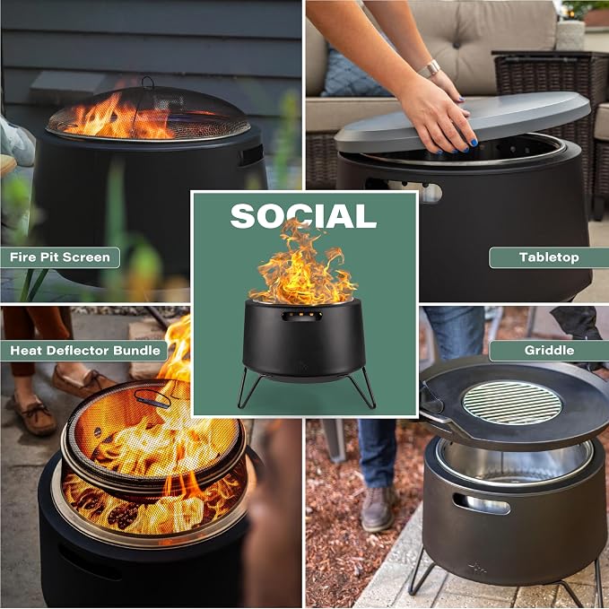 Smokeless Fire Pit 20-Inch – Portable Outdoor Wood Burning Fire Pit for Patio, Backyard & Camping, Stainless Steel, Removable Ash Pan, Stand & Cover – TIKI Social Fire Pit