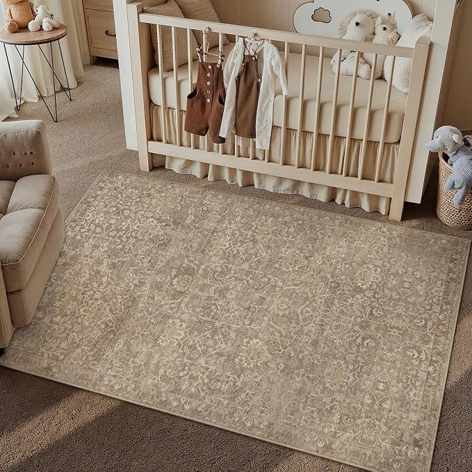 4x6 Light Brown Vintage Floral Washable Area Rug for Entryway | Low Pile, Non Slip, Retro Style, Soft Distressed Indoor Rug for Bedroom, Dining Room, Kitchen, Entrance, Home Decor